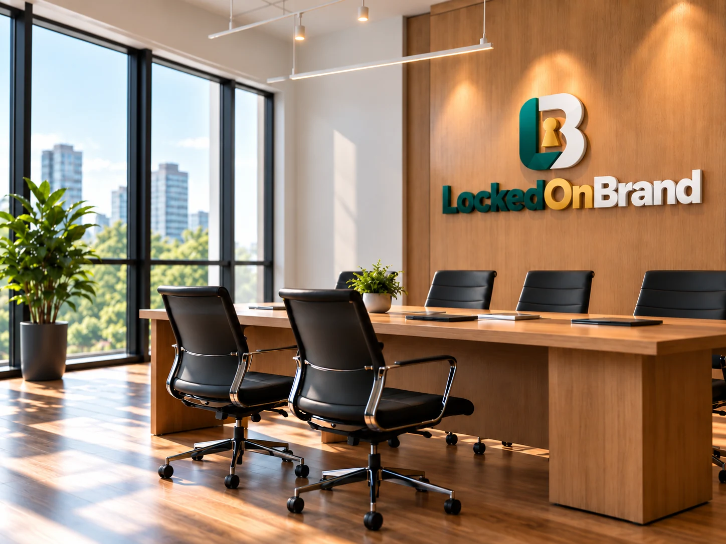 Approved LockedOnBrand conference room and wall branding, with no tagline