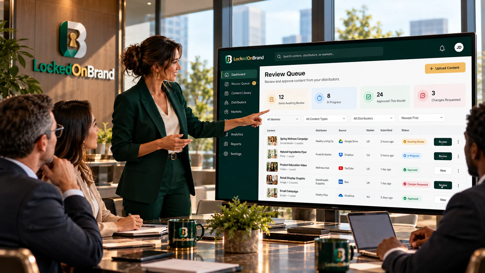 Approved enterprise presentation showing teams reviewing content in a modern meeting room