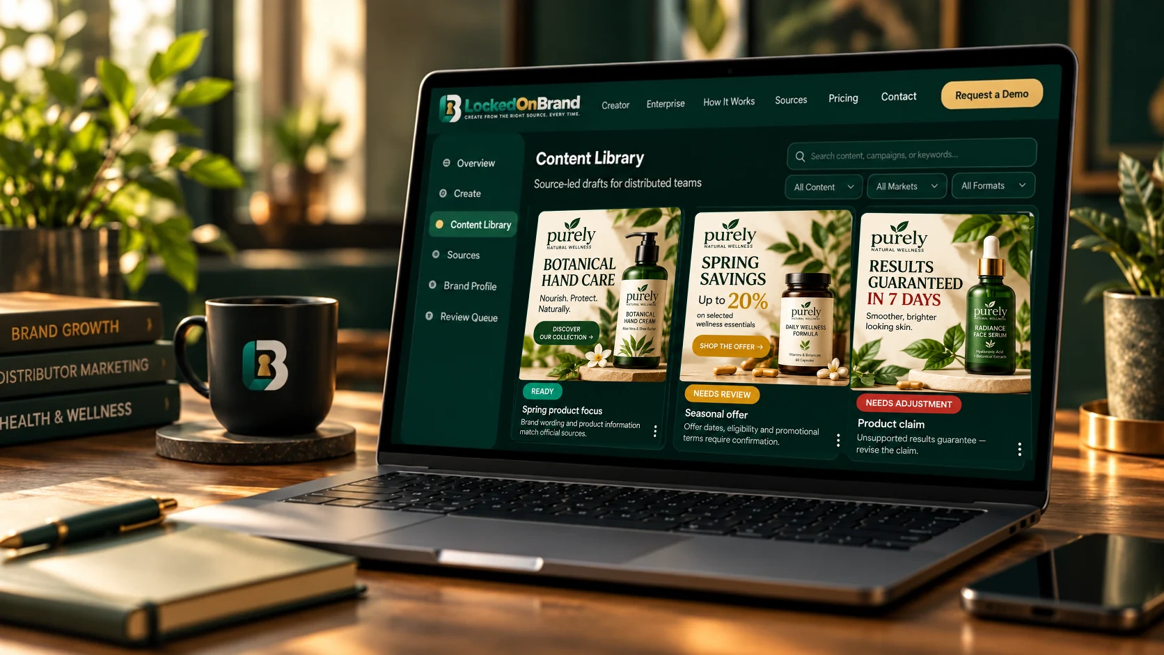 Premium example of the LockedOnBrand content library displayed on a laptop in a warm workspace